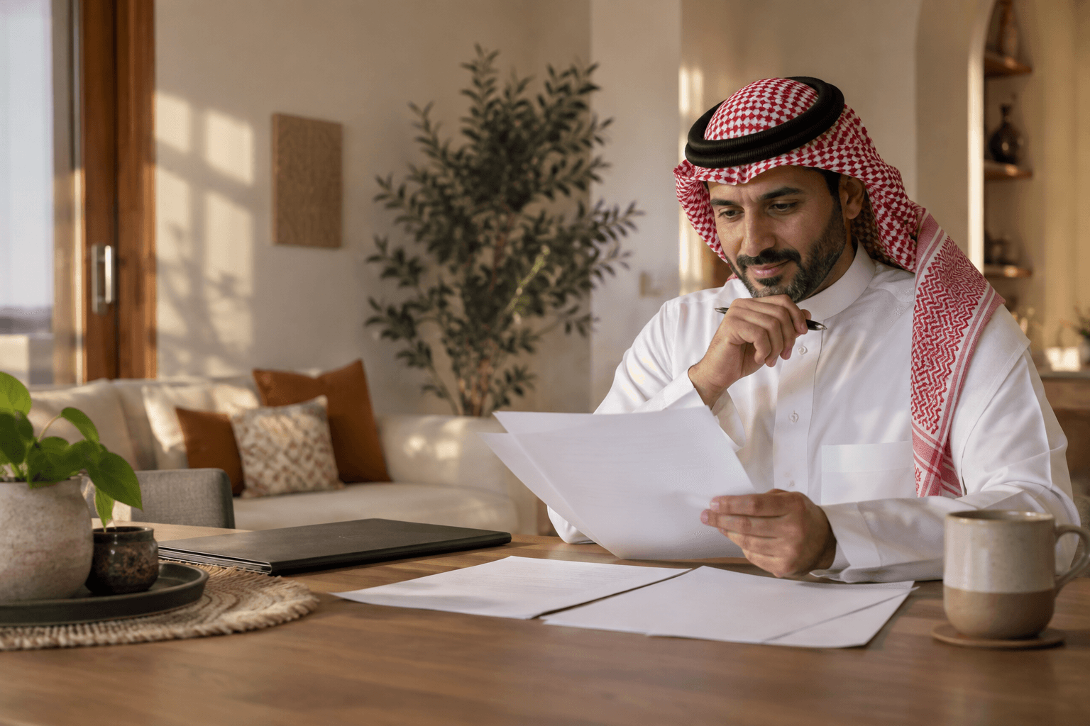 صاحب منزل سعودي يراجع مستندات تمويله بهدوء في منزله